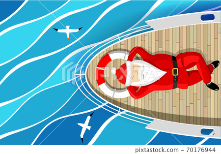 Santa Claus is swimming on yacht lying on the deck 70176944