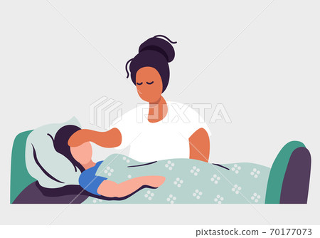 Ill child lies on bed under blanket. Sick girl kid caught cold, got flu,  grippe symptoms, coronavirus. At home with mum. Flat vector illustration 70177073