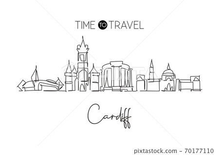 One single line drawing of Cardiff city skyline, Wales One single line drawing of Cardiff city skyline, Wales 70177110
