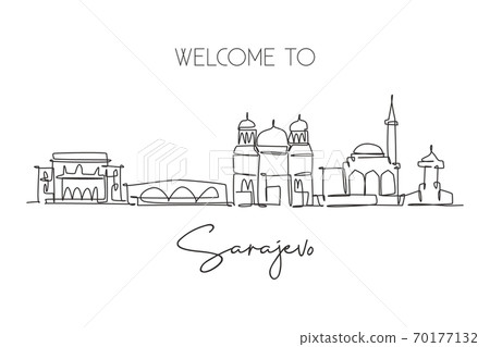 Single continuous line drawing of Sarajevo city skyline, Bosnia and Herzegovina Single continuous line drawing of Sarajevo city skyline, Bosnia and Herzegovina 70177132