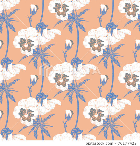 White floral seamless pattern with hand drawn pansy flowers on pink background. Stock vector White floral seamless pattern with hand drawn pansy flowers on pink background. Stock vector 70177422