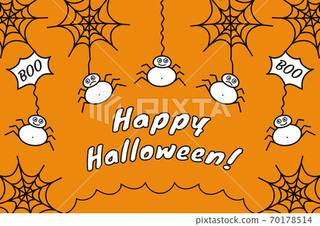 Halloween banner. Festive vector background for Halloween Party. Happy cool spiders. Frame for text. Black, white, and orange colors. Halloween banner. Festive vector background for Halloween Party. Happy cool spiders. Frame for text. Black, white, and orange colors. 70178514