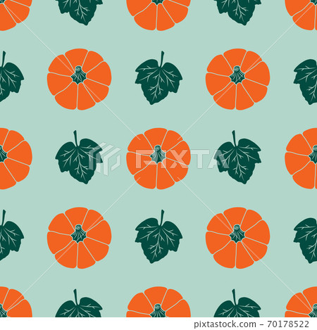 Colorful pumpkins and leaves on light green color background. Seamless vector pattern. Autumn illustrations for creative decorations, postcards, banners, gift paper, modern prints, fabrics, textiles. Colorful pumpkins and leaves on light green color background. Seamless vector pattern. Autumn illustrations for creative decorations, postcards, banners, gift paper, modern prints, fabrics, textiles. 70178522
