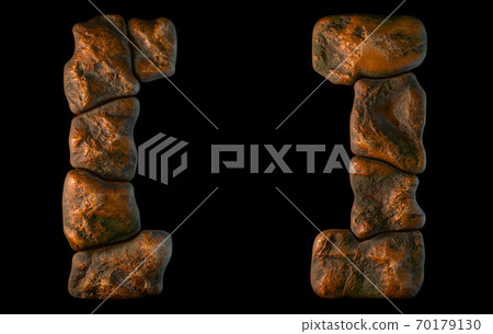 Set of rocky symbols left and right square bracket . Font of stone on black background. 3d Set of rocky symbols left and right square bracket . Font of stone on black background. 3d 70179130
