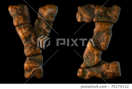 Set of rocky letters A, B. Font of stone on black background. 3d 70179132