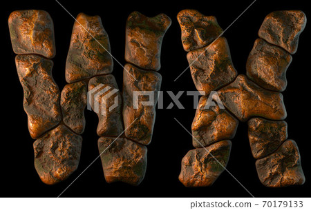 Set of rocky letters A, B. Font of stone on black background. 3d Set of rocky letters A, B. Font of stone on black background. 3d 70179133