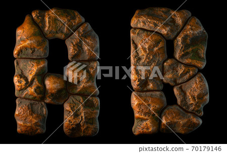 Set of rocky letters A, B. Font of stone on black background. 3d Set of rocky letters A, B. Font of stone on black background. 3d 70179146
