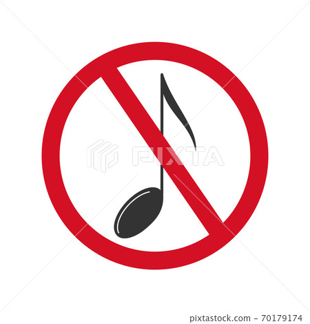 Icon of NO music sign. A musical note inside red circle. 70179174
