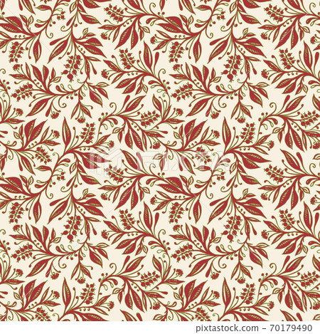 Floral seamless pattern with leaves and berries in wine red, green and cream colors Floral seamless pattern with leaves and berries in wine red, green and cream colors 70179490
