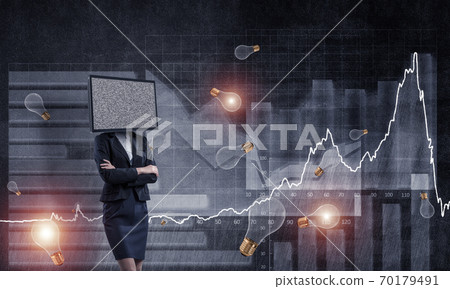 Business woman with TV instead of head. Business woman with TV instead of head. 70179491