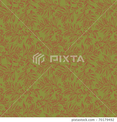 Floral seamless pattern with leaves and berries in green and red colors Floral seamless pattern with leaves and berries in green and red colors 70179492