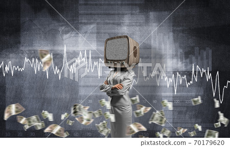 Business woman with old TV instead of head. 70179620