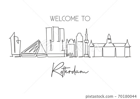 Single continuous line drawing of Rotterdam city skyline, Netherlands 70180044