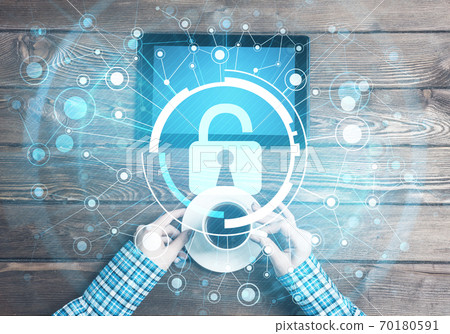 Concept of computer access with media lock icon on tablet screen Concept of computer access with media lock icon on tablet screen 70180591