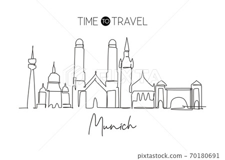 Single continuous line drawing of Munich city skyline 70180691