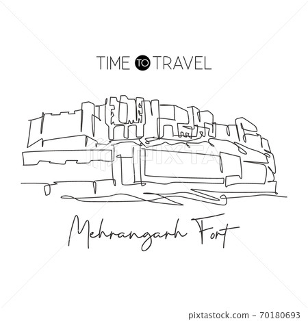 One single line drawing Mehrangarh Fort landmark One single line drawing Mehrangarh Fort landmark 70180693