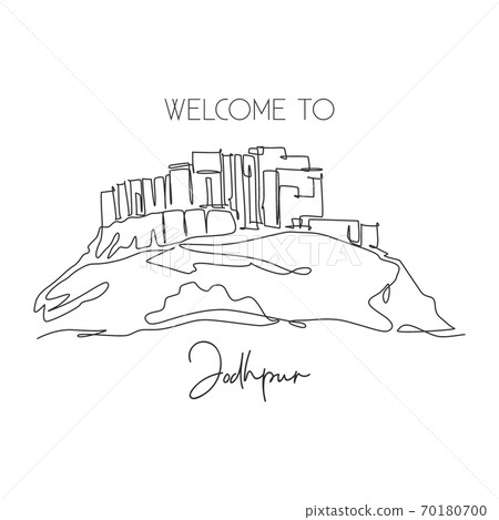 Single continuous line drawing Mehrangarh Fort landmark Single continuous line drawing Mehrangarh Fort landmark 70180700