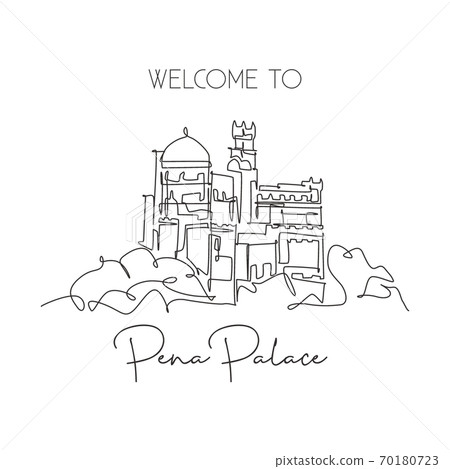 One single line drawing Pena Palace landmark. World famous iconic castle in Sintra, Portugal 70180723