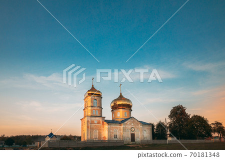 Cheretyanka, Gomel Region, Belarus. Dormition Of Theotokos Church At Sunset Or Sunrise Time Cheretyanka, Gomel Region, Belarus. Dormition Of Theotokos Church At Sunset Or Sunrise Time 70181348