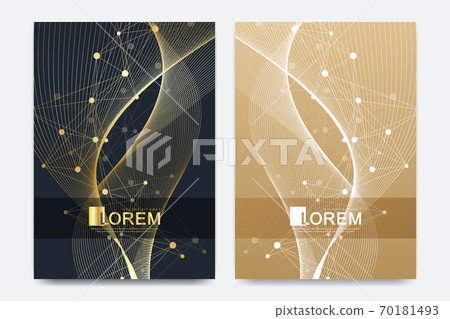 Modern vector template for brochure, Leaflet, flyer, advert, cover, catalog, magazine or annual report in the A4 size. Golden waves. Scientific golden cybernetic dots. Lines flow plexus. Card surface. Modern vector template for brochure, Leaflet, flyer, advert, cover, catalog, magazine or annual report in the A4 size. Golden waves. Scientific golden cybernetic dots. Lines flow plexus. Card surface. 70181493