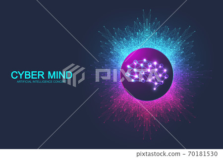 Cyber mind and Artificial Intelligence concept. Neural networks and another modern technologies concept. Brain Analysis. Futuristic cyber humanoid brain. Big Data stream. Technology vector brain 70181530