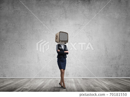 Business woman with an old TV instead of head. Business woman with an old TV instead of head. 70181550