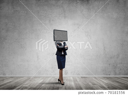 Business woman with TV instead of head. Business woman with TV instead of head. 70181556