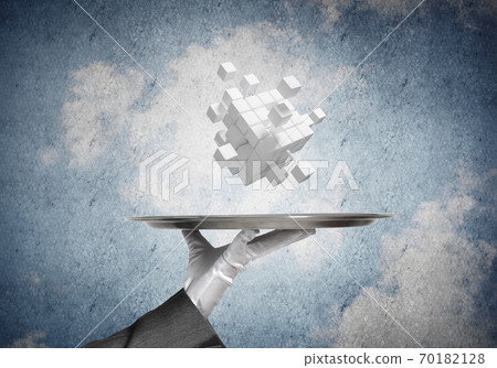 Hand of waitress presenting cubes on tray. 70182128