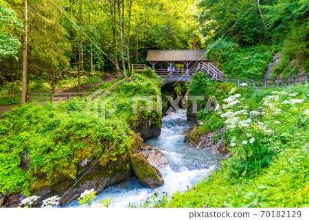 Entrance Bridge to Sigmund Thun Gorge. Cascade valley of wild Kapruner Ache near Kaprun, Austria 70182129