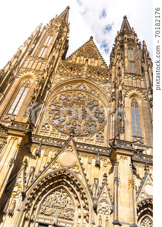 Front view of St. Vitus Cathedral in Prague Castle, Prague, Czech Republic Front view of St. Vitus Cathedral in Prague Castle, Prague, Czech Republic 70182176
