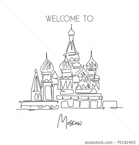 One single line drawing St. Basils landmark. World iconic place in Moscow, Russia One single line drawing St. Basils landmark. World iconic place in Moscow, Russia 70182403