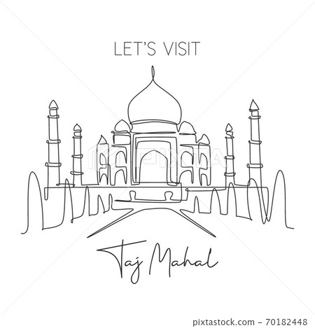 One single line drawing Taj Mahal mosque landmark. World iconic place in Agra, India 70182448