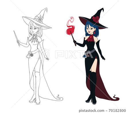 Beautiful anime witch holding magic wand. vector illustration Beautiful anime witch holding magic wand. vector illustration 70182800