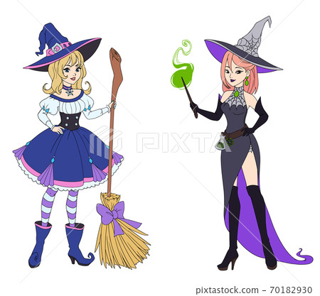 Set of two witches holding broom and magic wand. 70182930