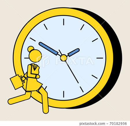 Yellow silhouette of a running girl on the background of large watch dial. Woman is late in a hurry 70182936