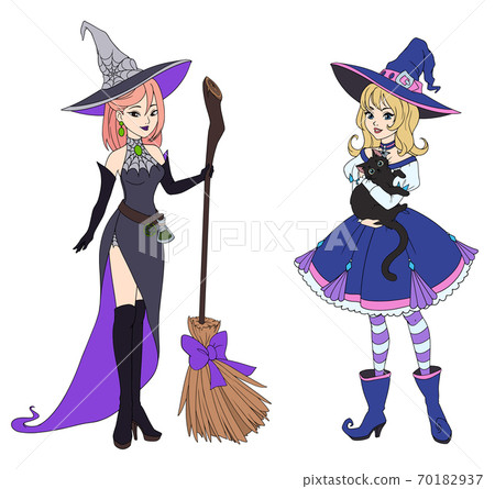 Set of two witches holding black cat and broom. 70182937