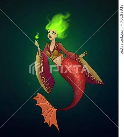 Spooky cartoon mermaid with magical green fire hair. 70182938