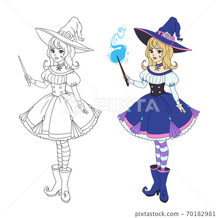 Beautiful anime witch holding magic wand. Hand drawn vector illustration Beautiful anime witch holding magic wand. Hand drawn vector illustration 70182981