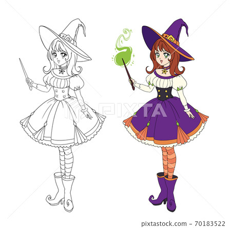 Beautiful anime witch holding magic wand. Hand drawn vector illustration Beautiful anime witch holding magic wand. Hand drawn vector illustration 70183522
