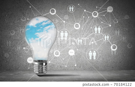 Blue cloudly skyscape inside lightbulb. Blue cloudly skyscape inside lightbulb. 70184122