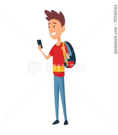 Tourist. Concept of an active lifestyle, tourism. A young man with smartphone and backpack. The guy is taking pictures or looking for a road on a GPS map. Vector illustration 70184162