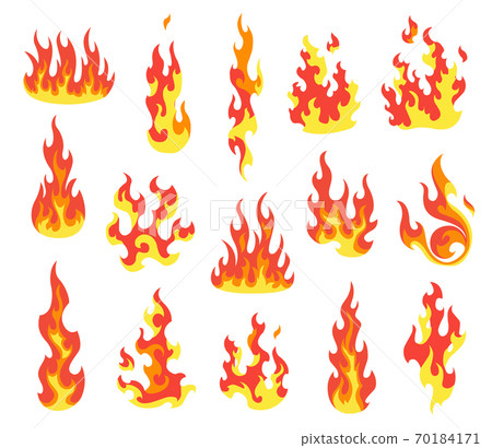 Set of red and orange fire flame. Flames of different shapes. Fireball set, flaming symbols. Idea of energy and power. Collection of hot flaming element. Vector icons in cartoon style 70184171