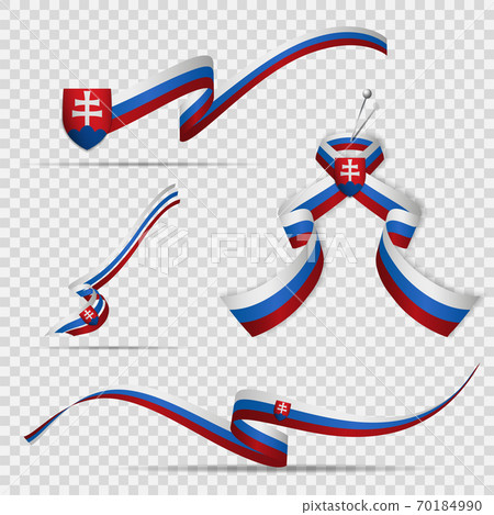 Flag of Slovakia. 17th of July. Set of realistic wavy ribbons in colors of slovak flag on transparent background. Coat of arms. Independence day. Patriarchal cross. Vector illustration. Flag of Slovakia. 17th of July. Set of realistic wavy ribbons in colors of slovak flag on transparent background. Coat of arms. Independence day. Patriarchal cross. Vector illustration. 70184990