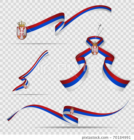 Flag of Serbia. 15th of February. Set of realistic wavy ribbons in colors of serbian flag on transparent background. Coat of arms. Independence day. Double eagle. National symbol. Vector illustration. 70184991