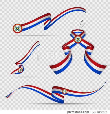 Flag of Paraguay. 15th of May. Set of realistic wavy ribbons in colors of paraguayan flag on transparent background. Independence day. National symbol. Vector illustration. 70184993
