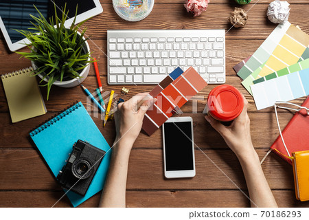 Woman blogger or columnist relax with coffee Woman blogger or columnist relax with coffee 70186293