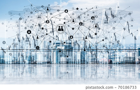 Concept of global communication and networking with world map over cityscape Concept of global communication and networking with world map over cityscape 70186733