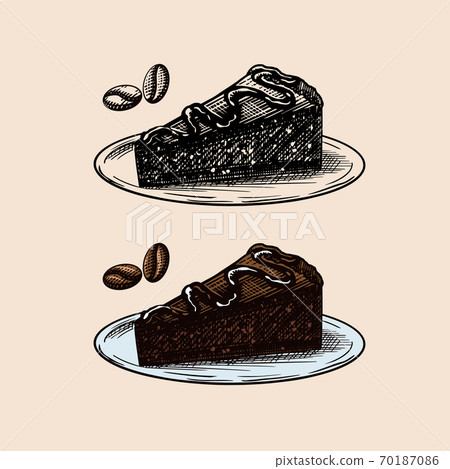 Liqueur dessert. Chocolate Cake. Engraved hand drawn vintage sketch. Woodcut style. Vector 70187086