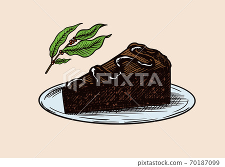 Liqueur dessert. Chocolate Cake. Engraved hand drawn vintage sketch. Woodcut style. Vector 70187099