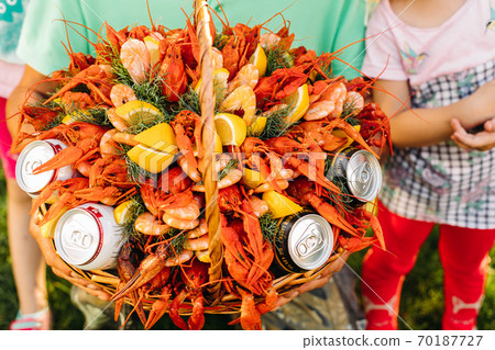 Close up of crayfish and beer bouquet for man Close up of crayfish and beer bouquet for man 70187727